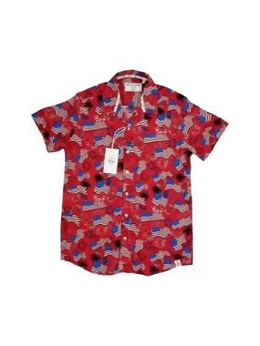 Free Planet Short Sleeve Patriotic Flag Red Button Down Shirt NWT Size XS